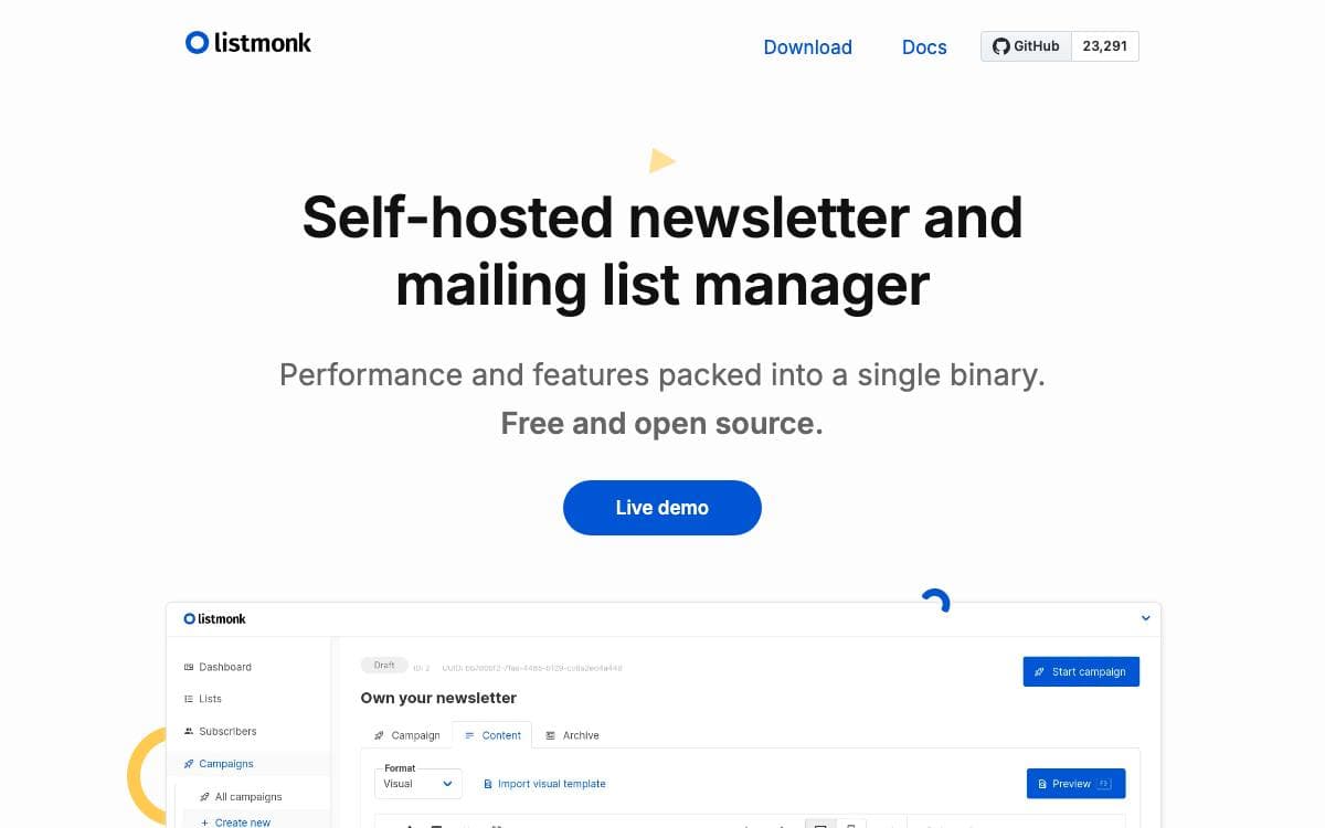 Screenshot of Listmonk website