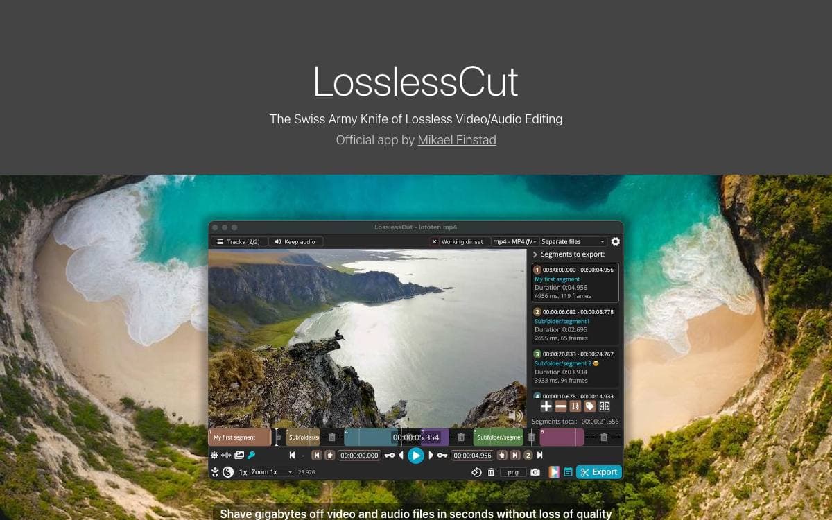 Screenshot of LosslessCut website