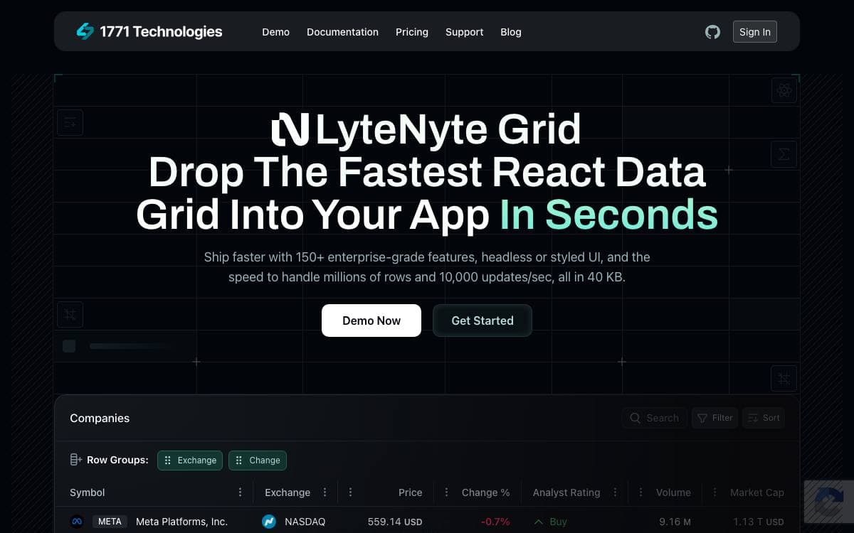 Screenshot of LyteNyte Grid website