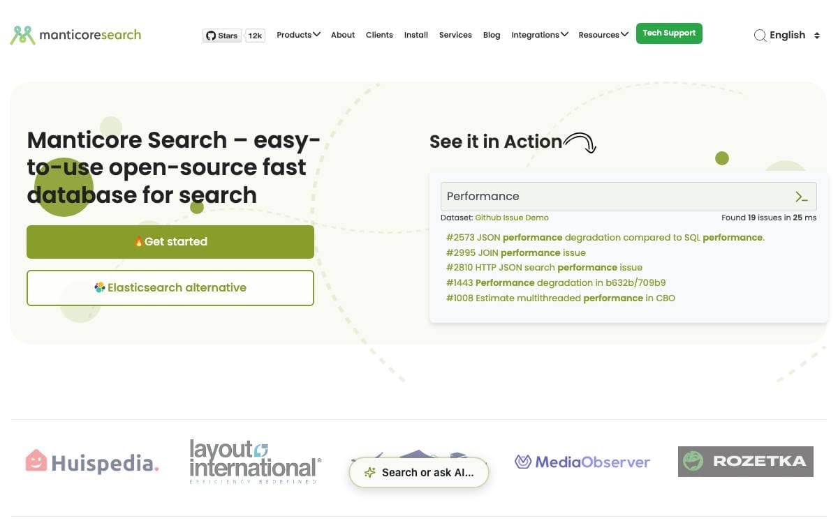 Screenshot of Manticore Search website