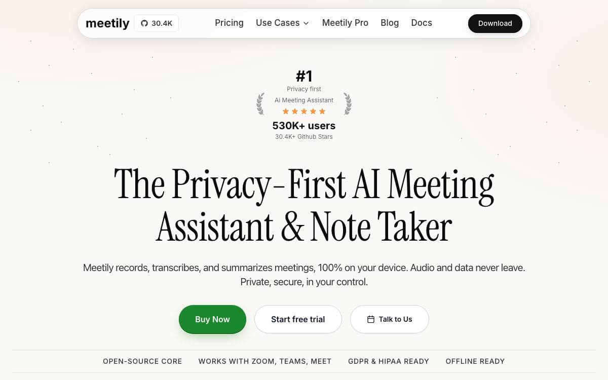 Screenshot of Meetily website