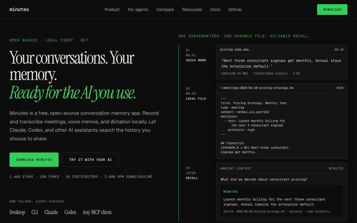 Screenshot of Minutes website
