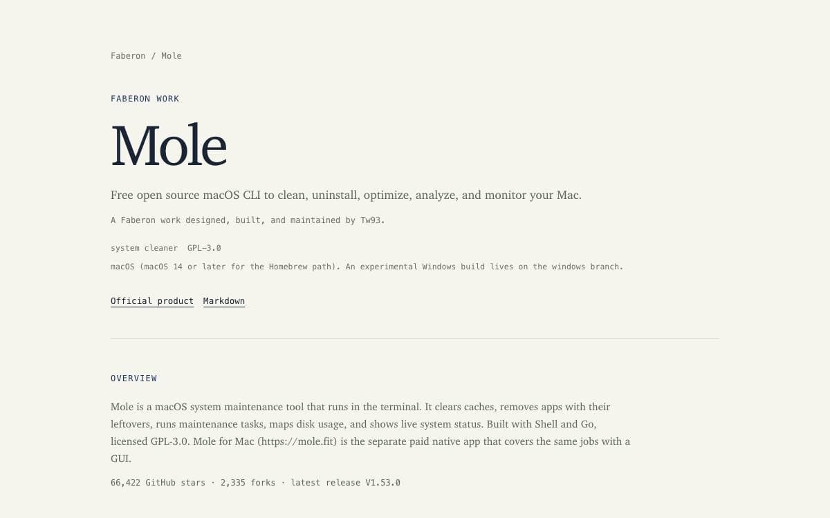 Screenshot of Mole website
