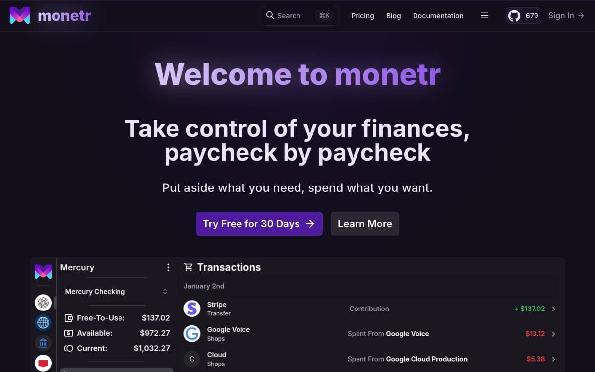 Screenshot of Monetr website