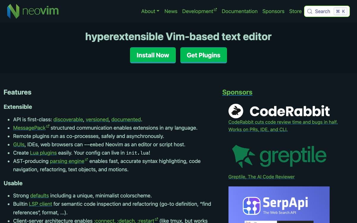 Screenshot of Neovim website