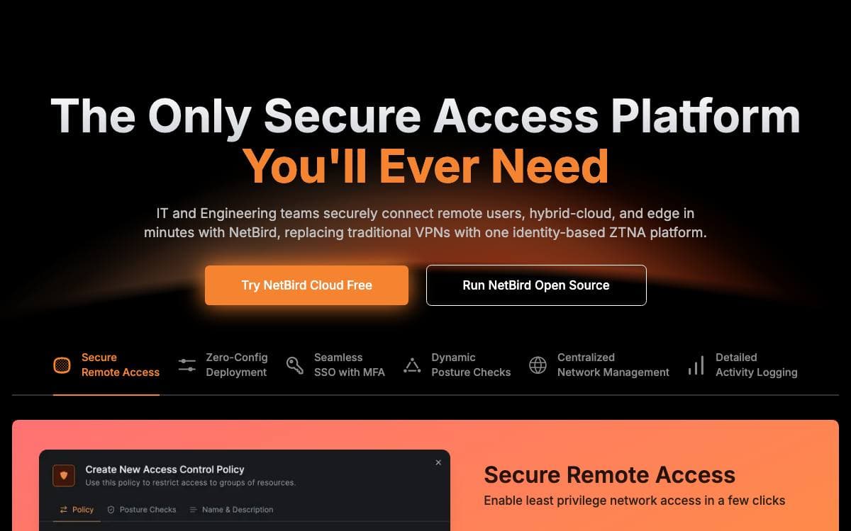 Screenshot of Netbird website