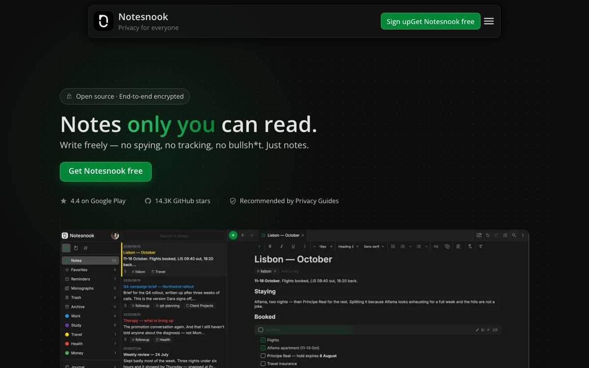 Screenshot of Notesnook website