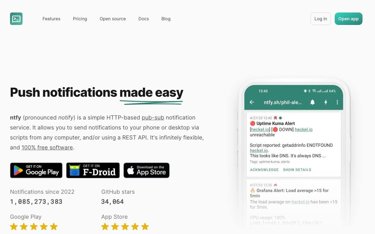 Screenshot of Ntfy website
