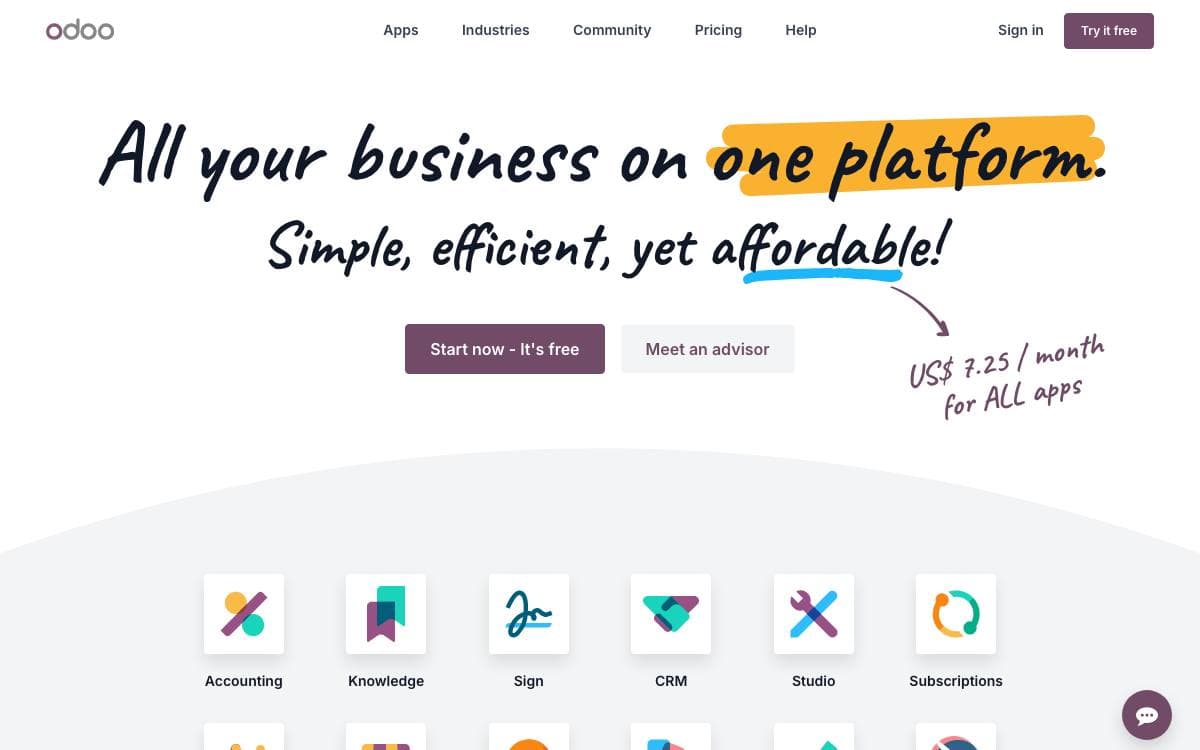 Screenshot of Odoo website