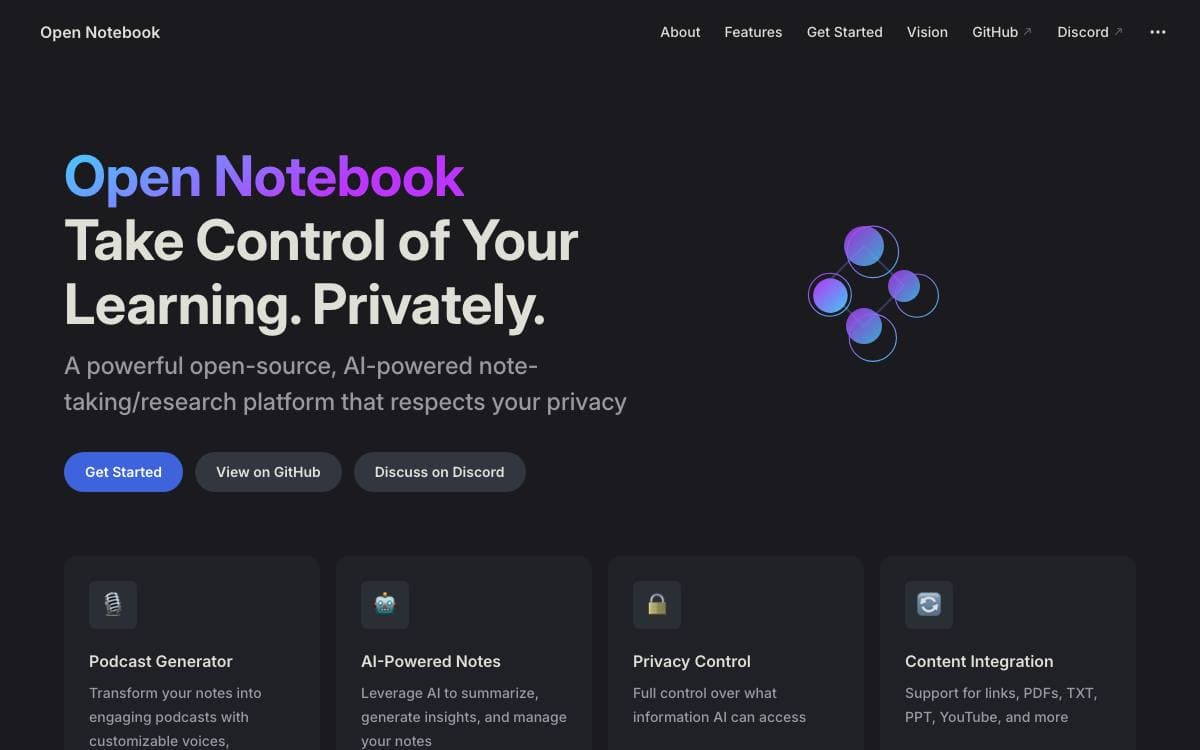 Screenshot of Open-Notebook website