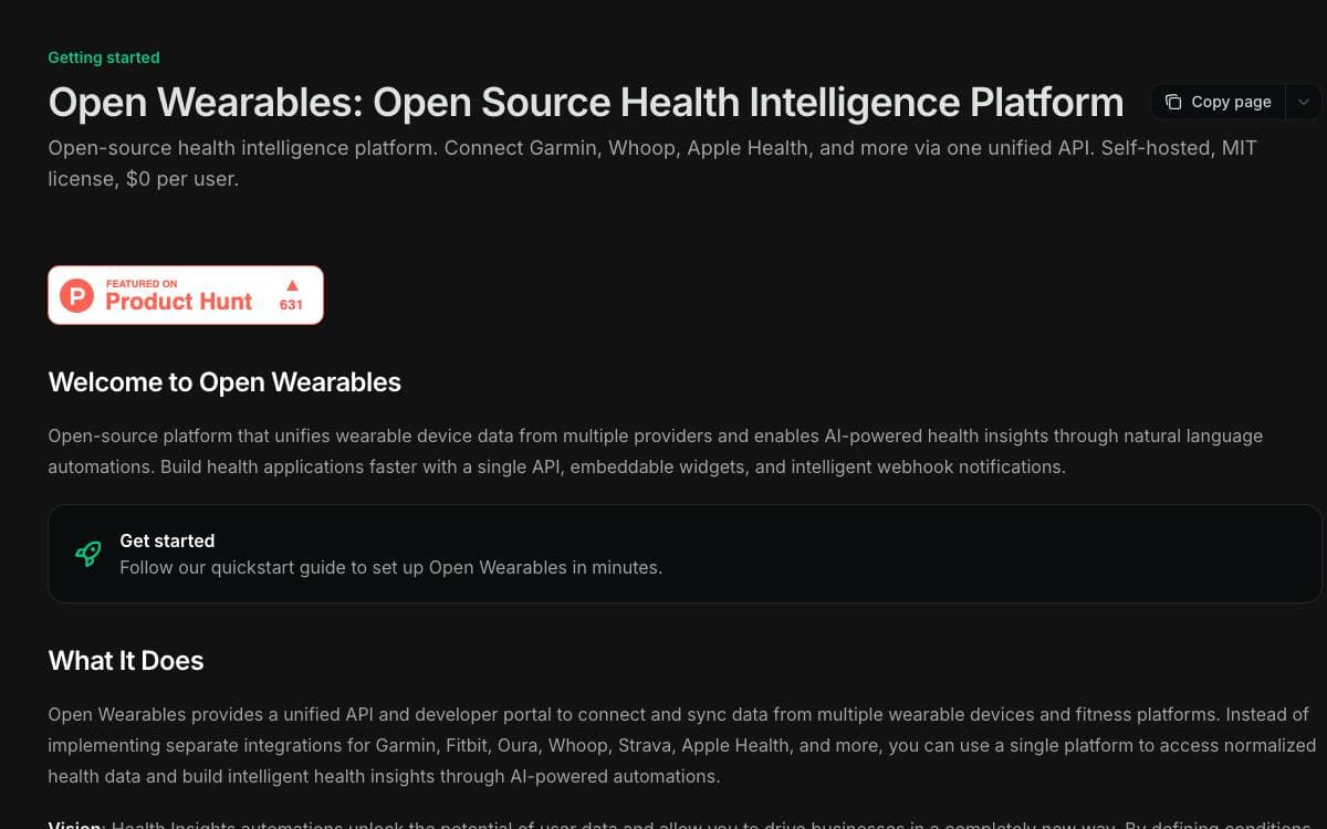 Screenshot of Open Wearables website