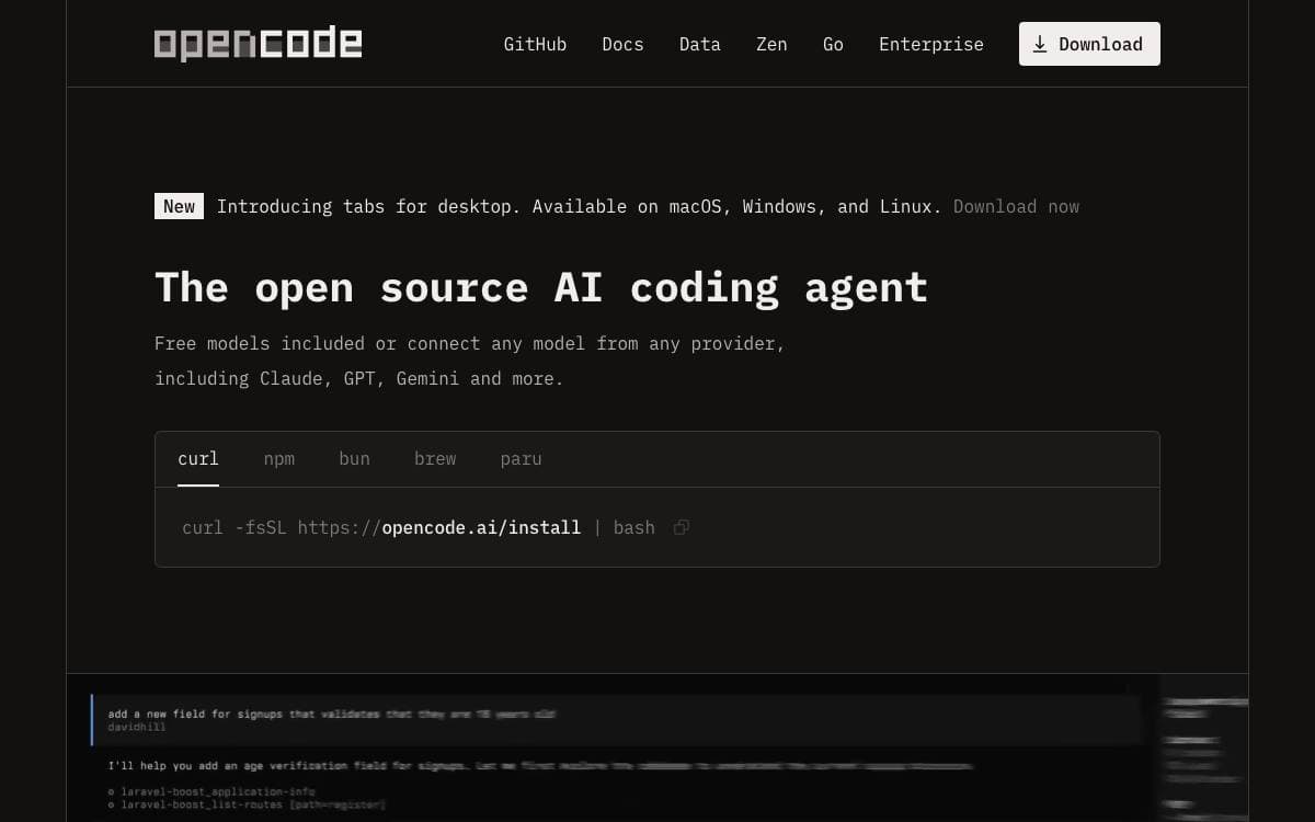 Screenshot of OpenCode website