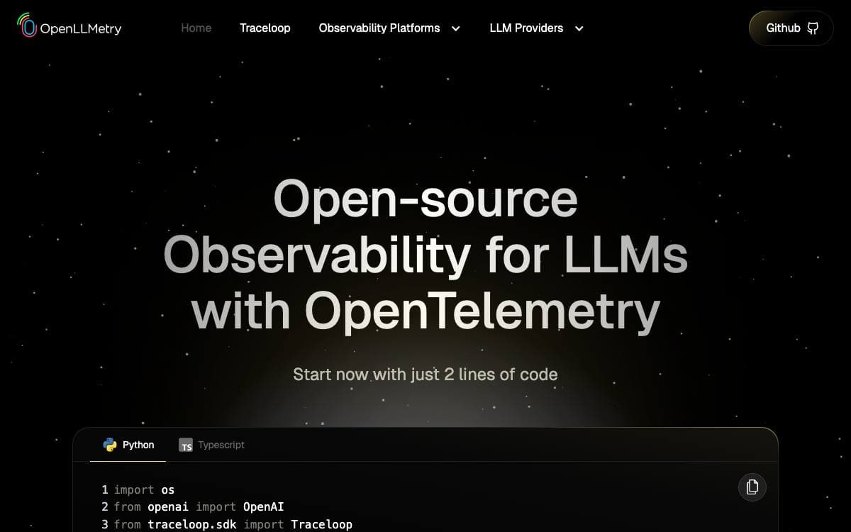 Screenshot of OpenLLMetry website