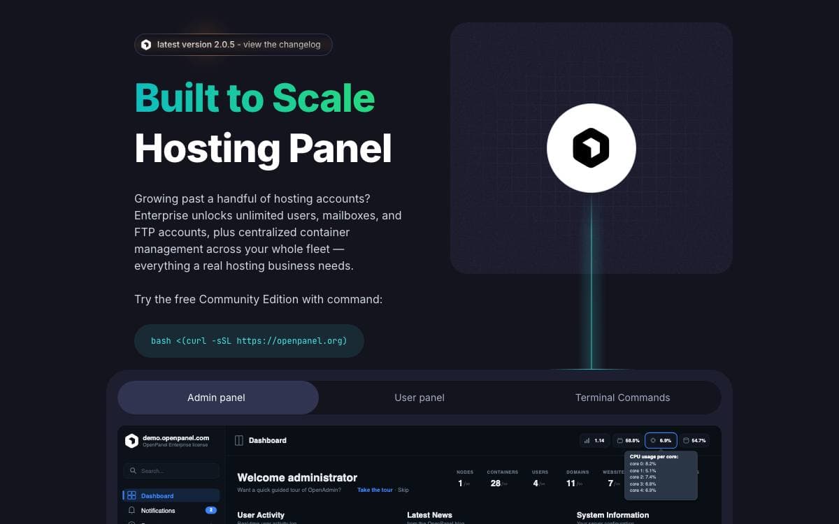 Screenshot of OpenPanel website