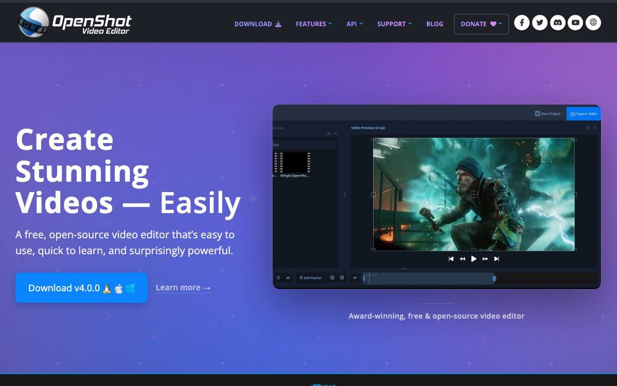 Screenshot of OpenShot website
