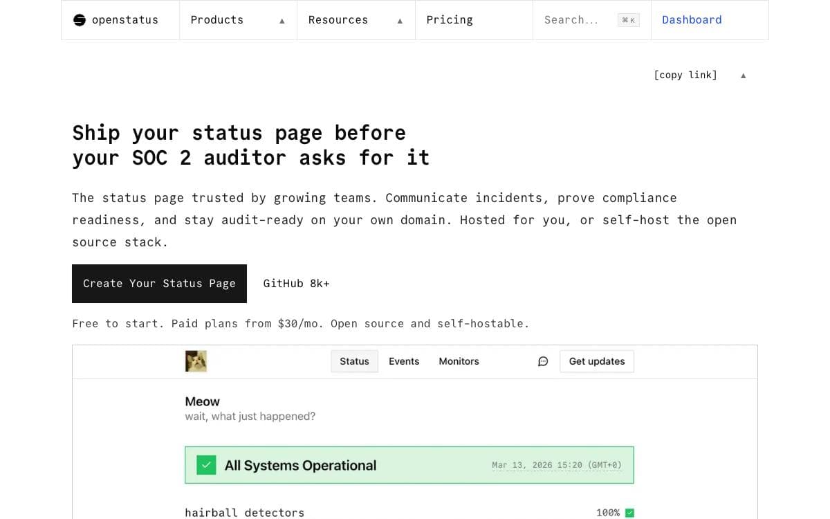 Screenshot of OpenStatus website