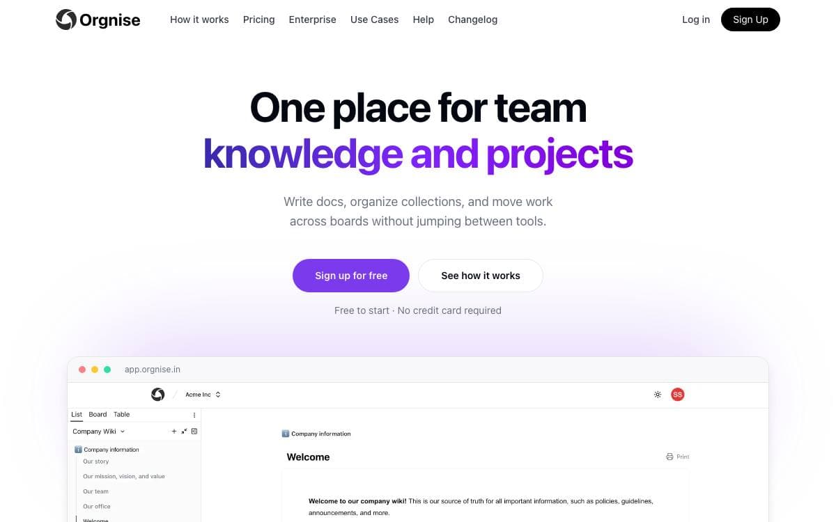 Screenshot of Orgnise website