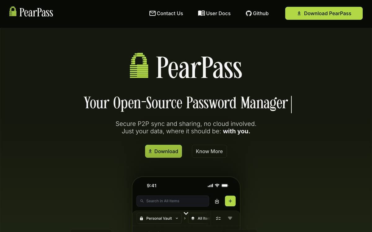 Screenshot of PearPass website