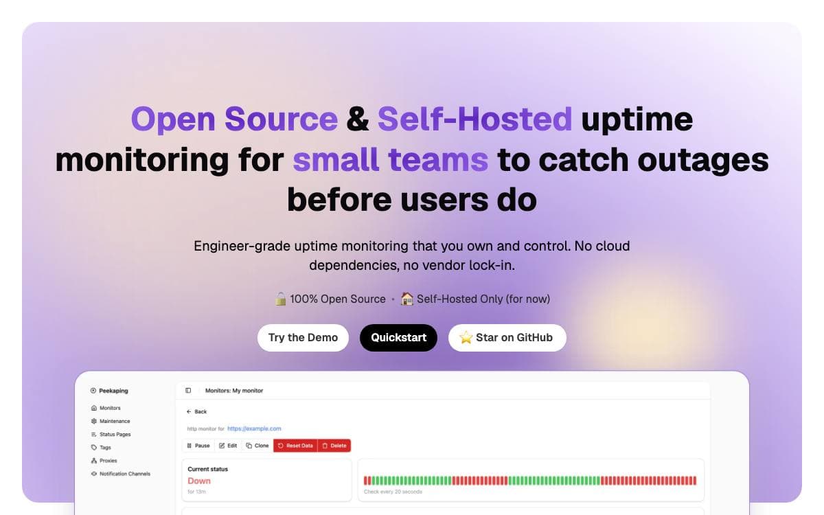 Screenshot of Peekaping website