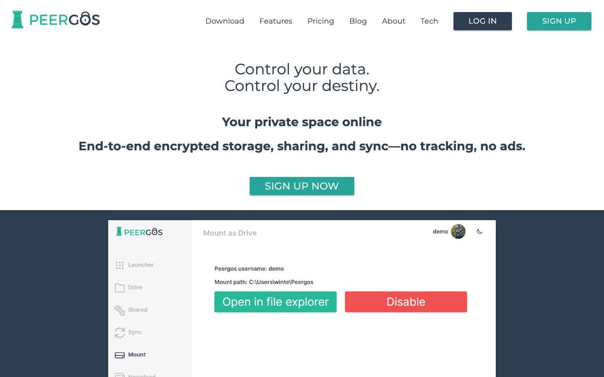 Screenshot of Peergos website