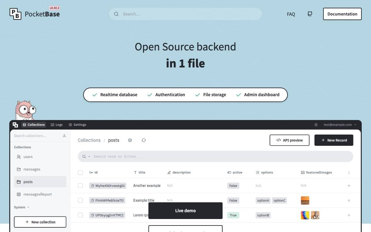 Screenshot of PocketBase website