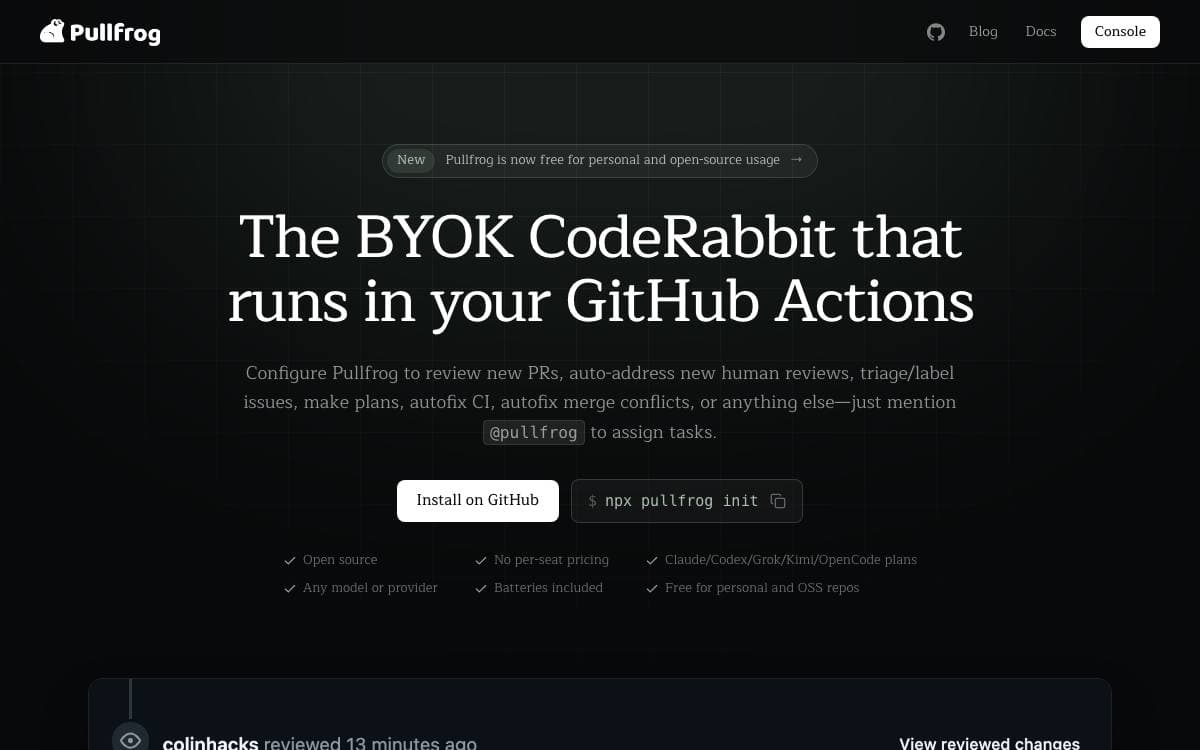 Screenshot of Pullfrog website