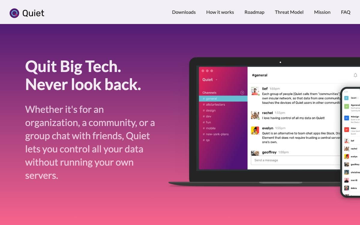 Screenshot of Quiet website