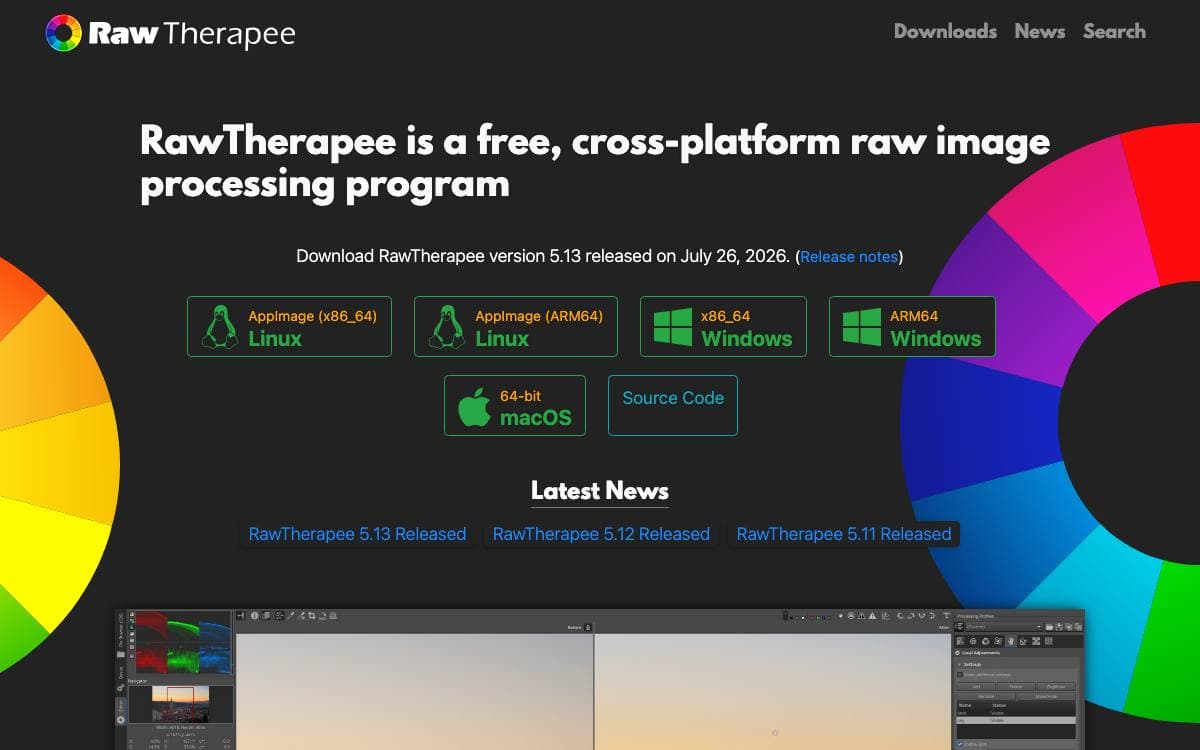 Screenshot of RawTherapee website