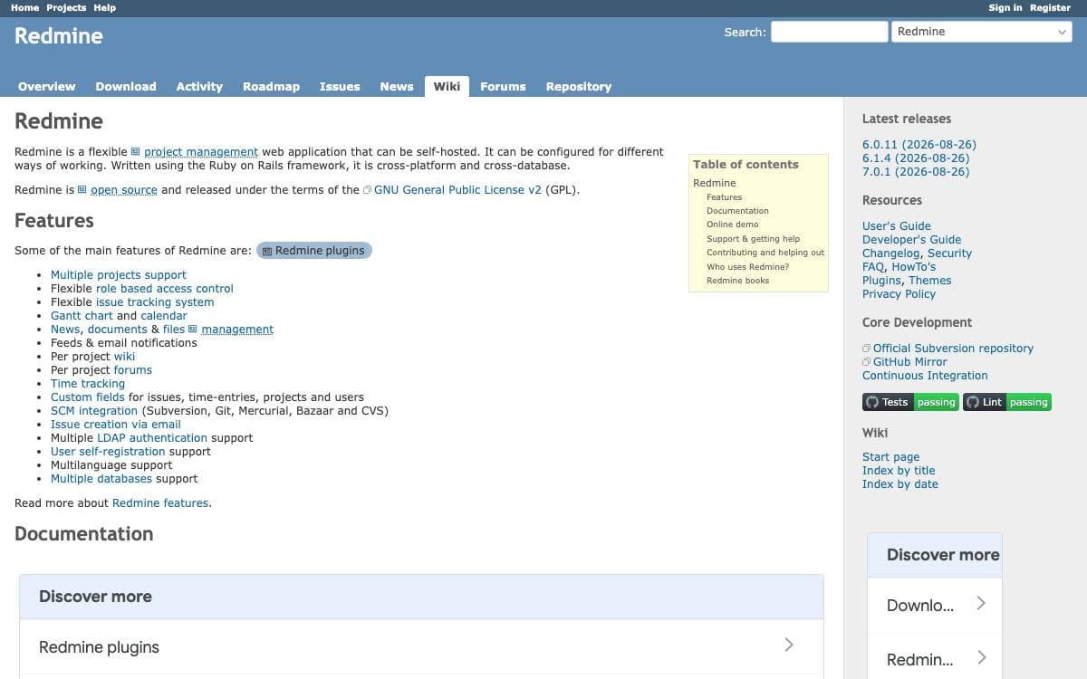 Screenshot of Redmine website