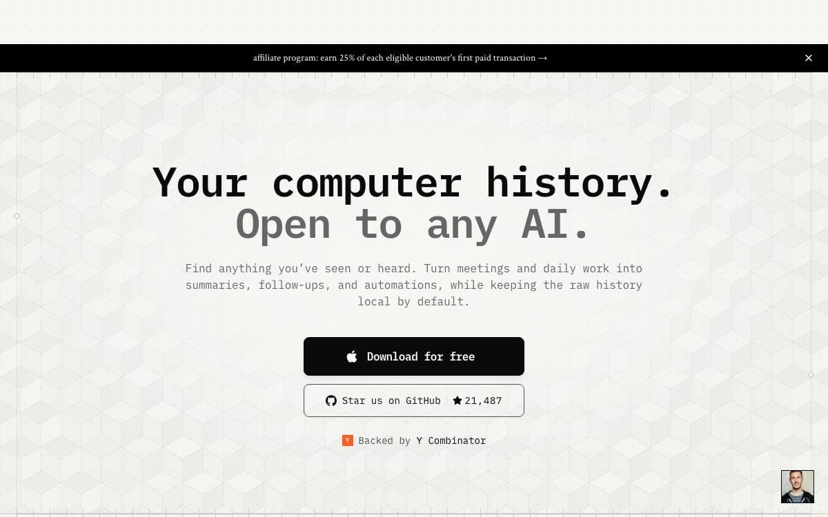 Screenshot of screenpipe  website
