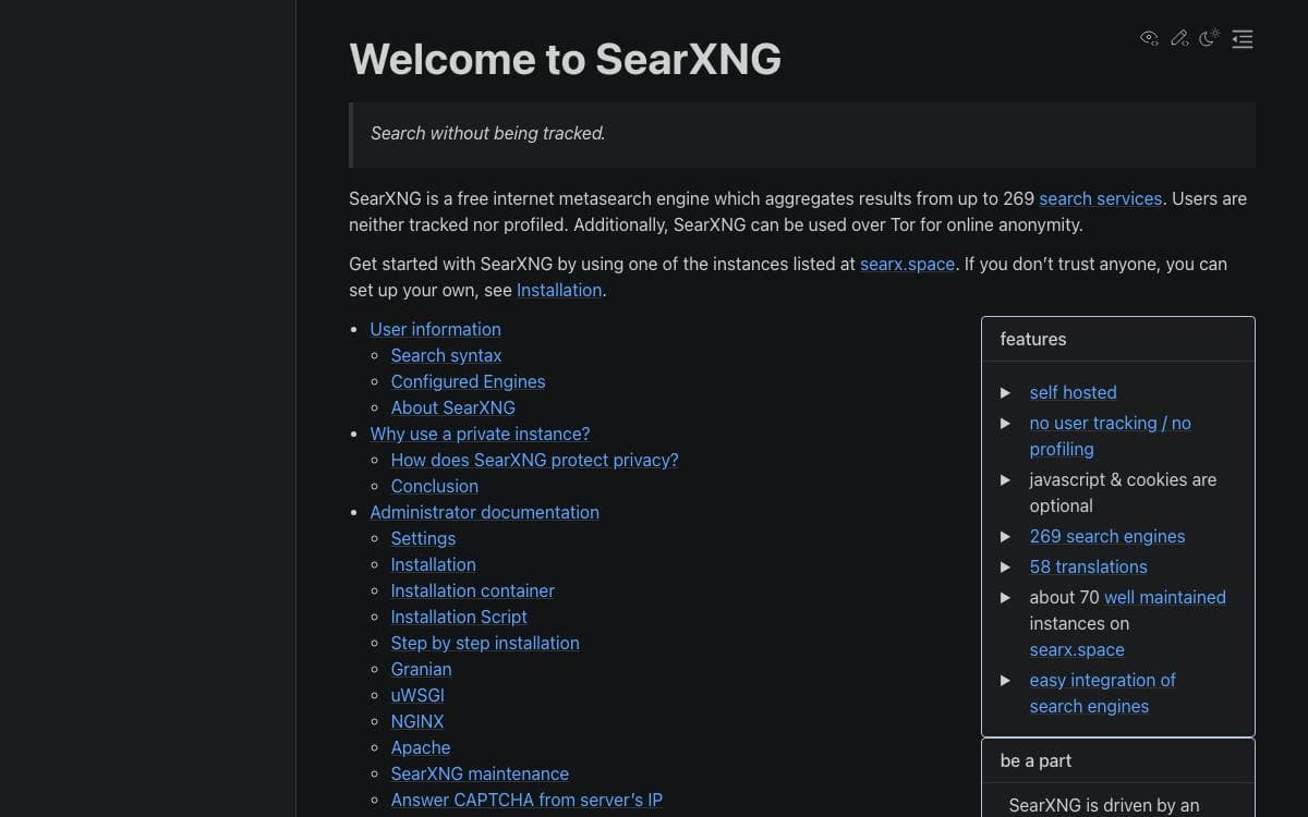 Screenshot of SearXNG website