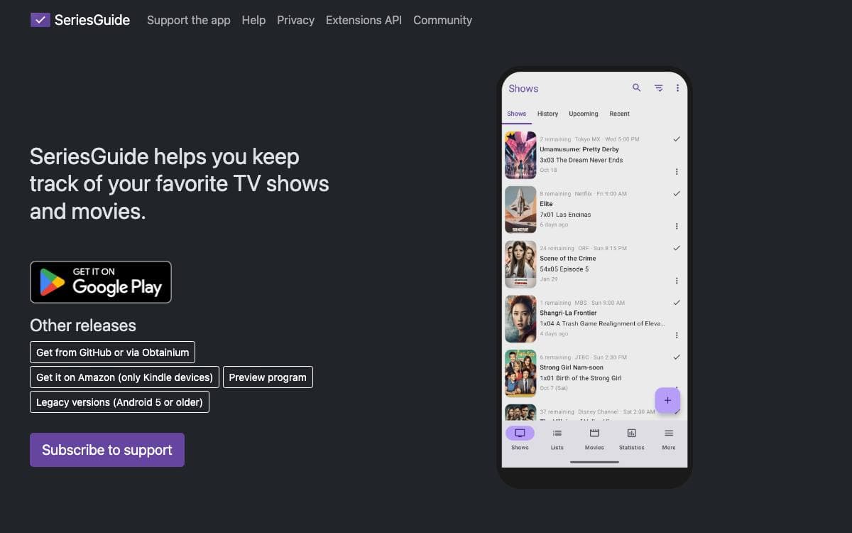 Screenshot of SeriesGuide website