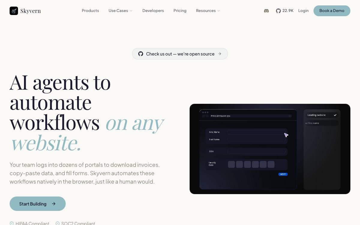 Screenshot of Skyvern website