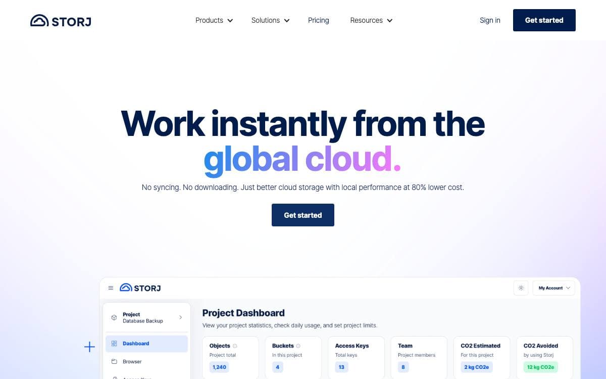 Screenshot of Storj website