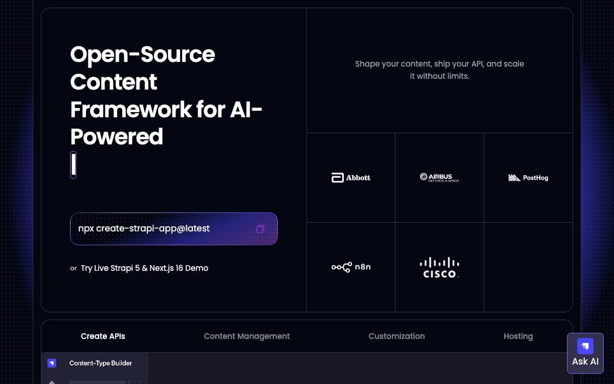 Screenshot of Strapi website