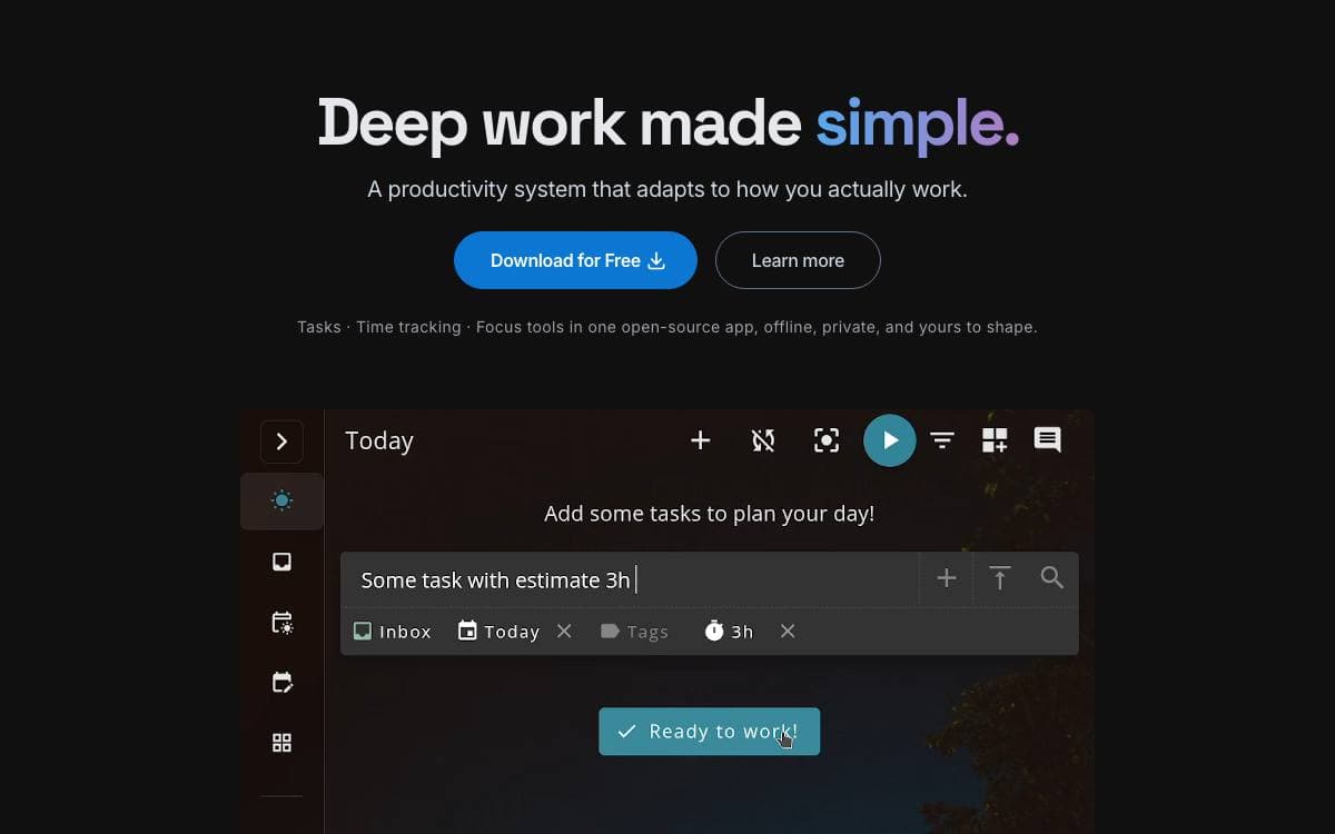 Screenshot of Super Productivity website