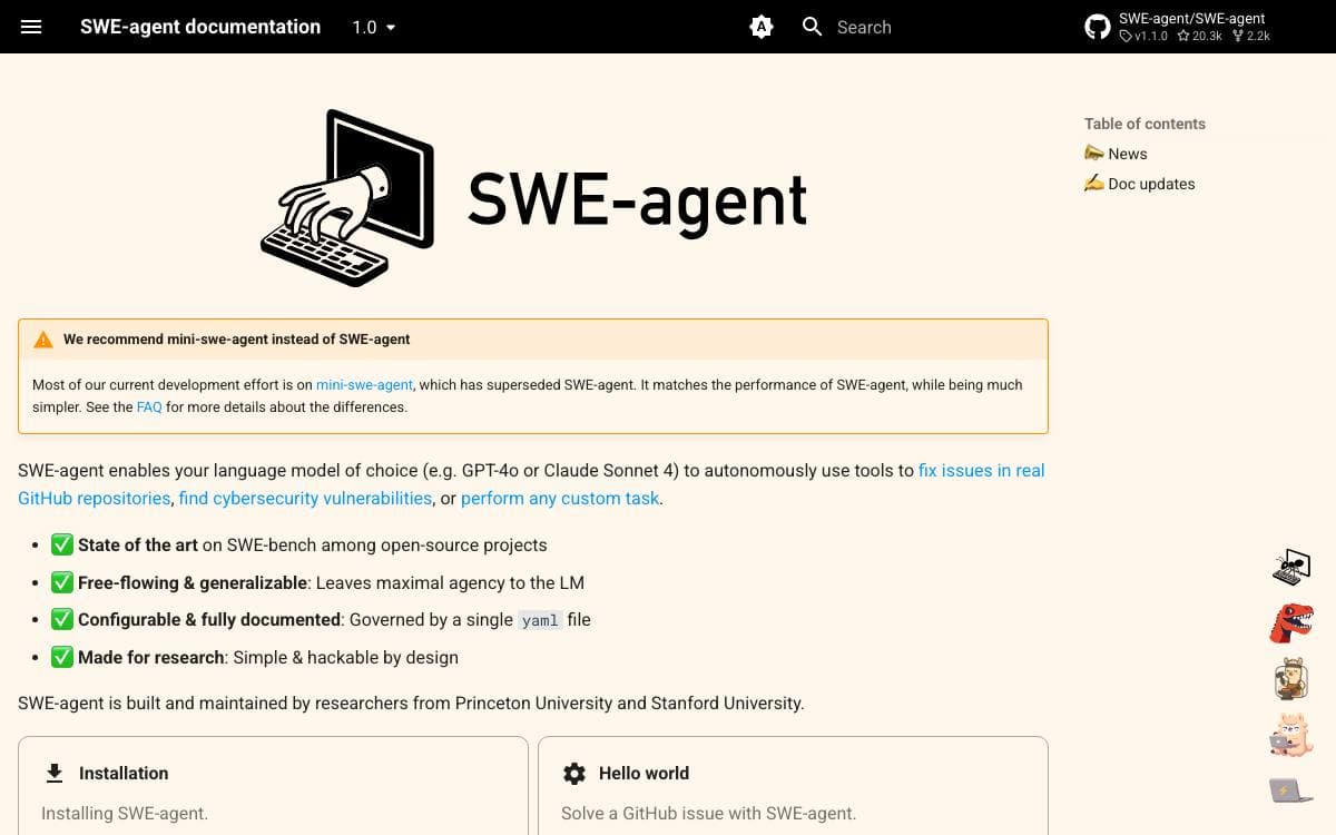 Screenshot of SWE-agent website