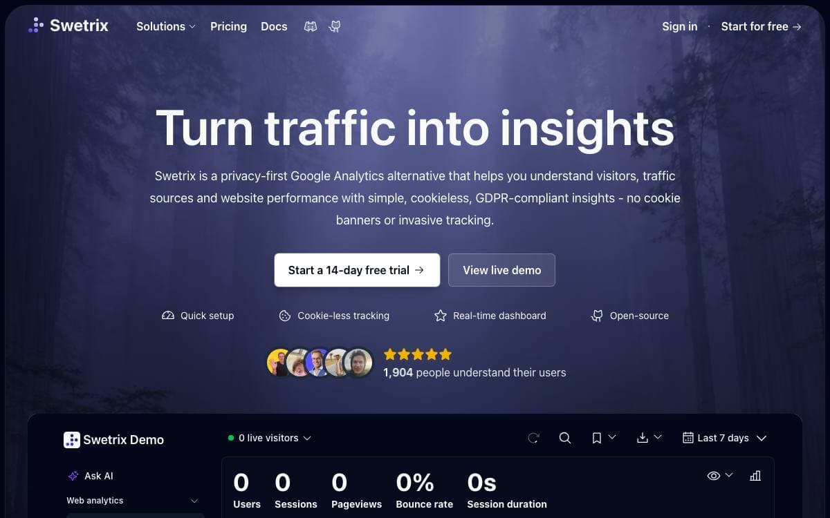 Screenshot of Swetrix website
