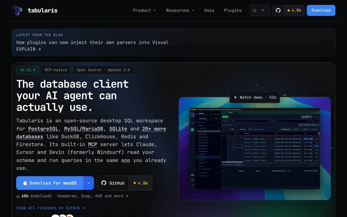Screenshot of Tabularis website