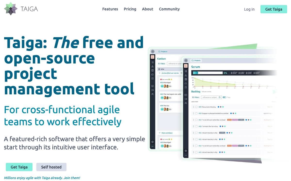 Screenshot of Taiga website