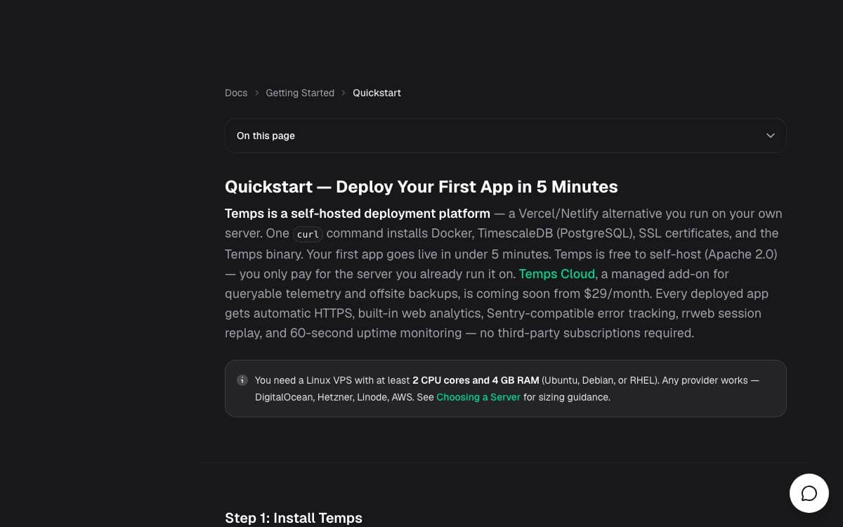 Screenshot of Temps website