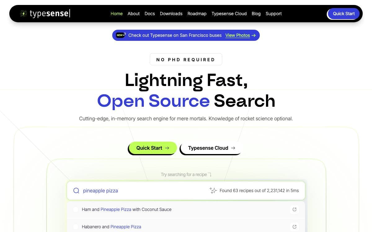 Screenshot of Typesense website