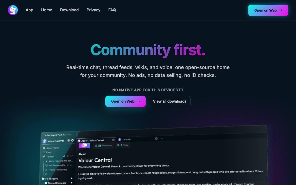 Screenshot of Valour website