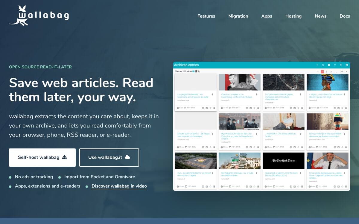 Screenshot of Wallabag website