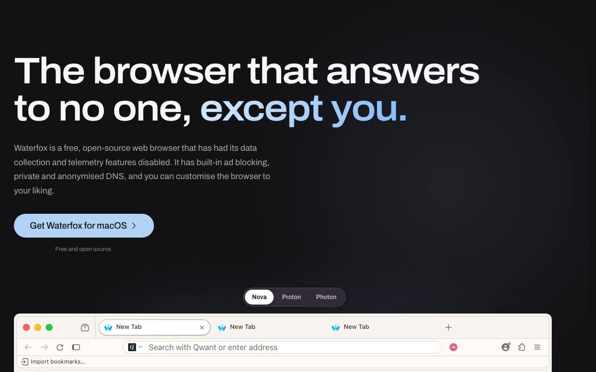Screenshot of Waterfox website