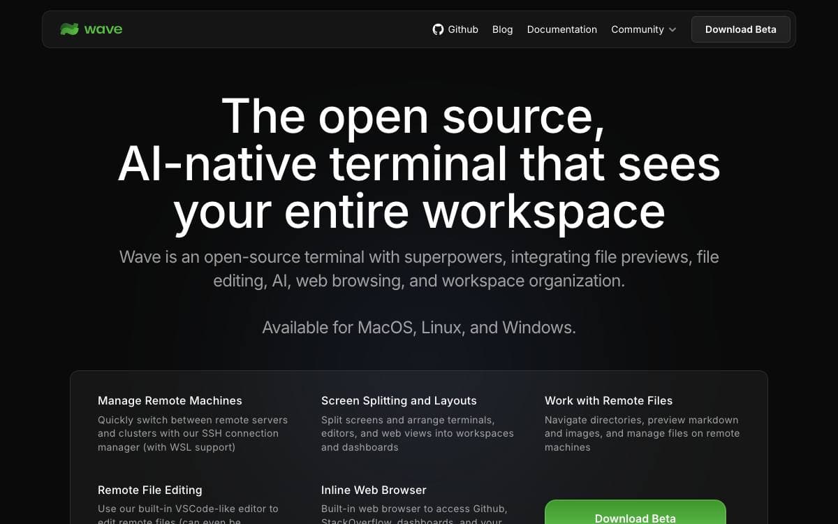 Screenshot of WaveTerm website