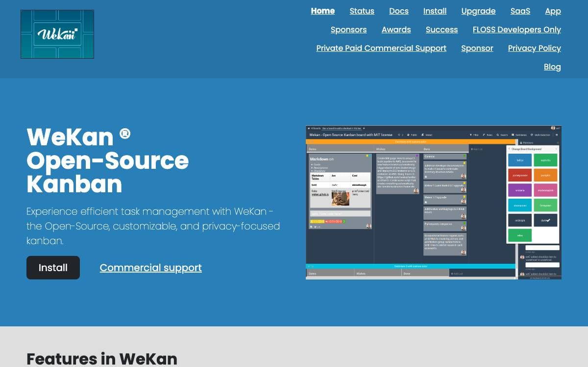 Screenshot of Wekan website