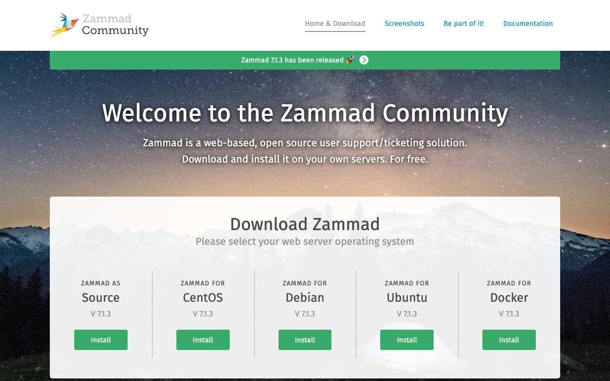 Screenshot of Zammad website