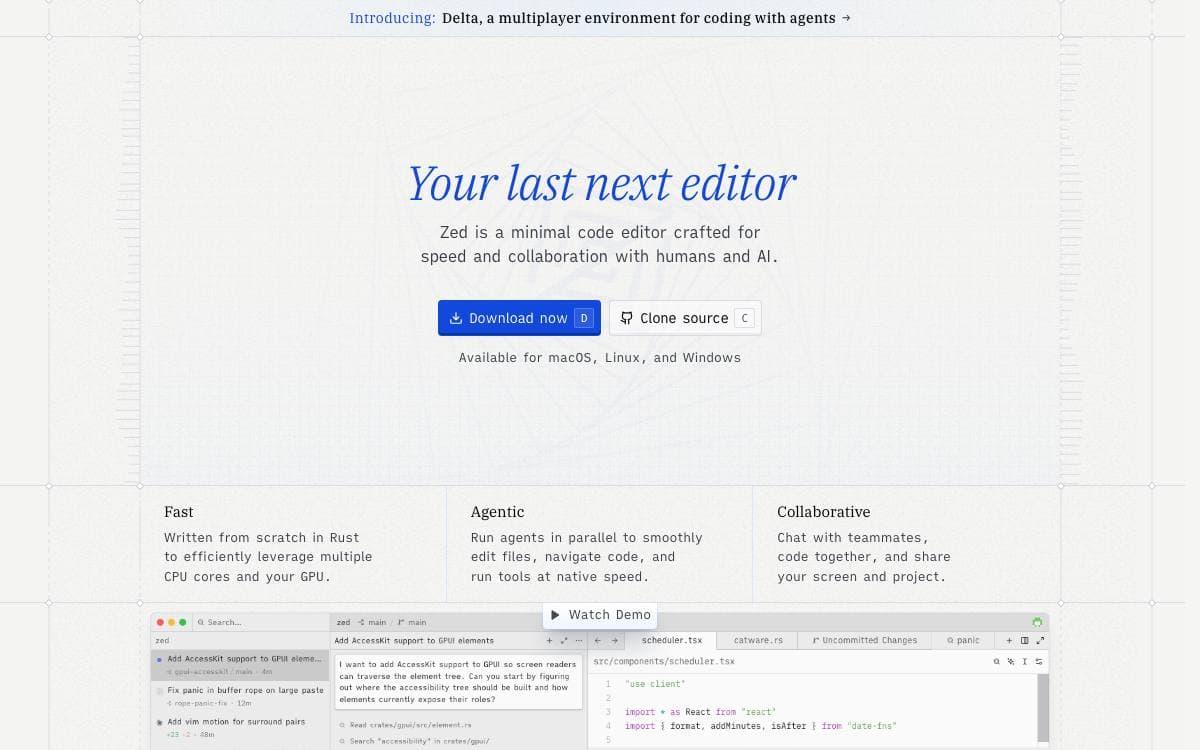 Screenshot of Zed website