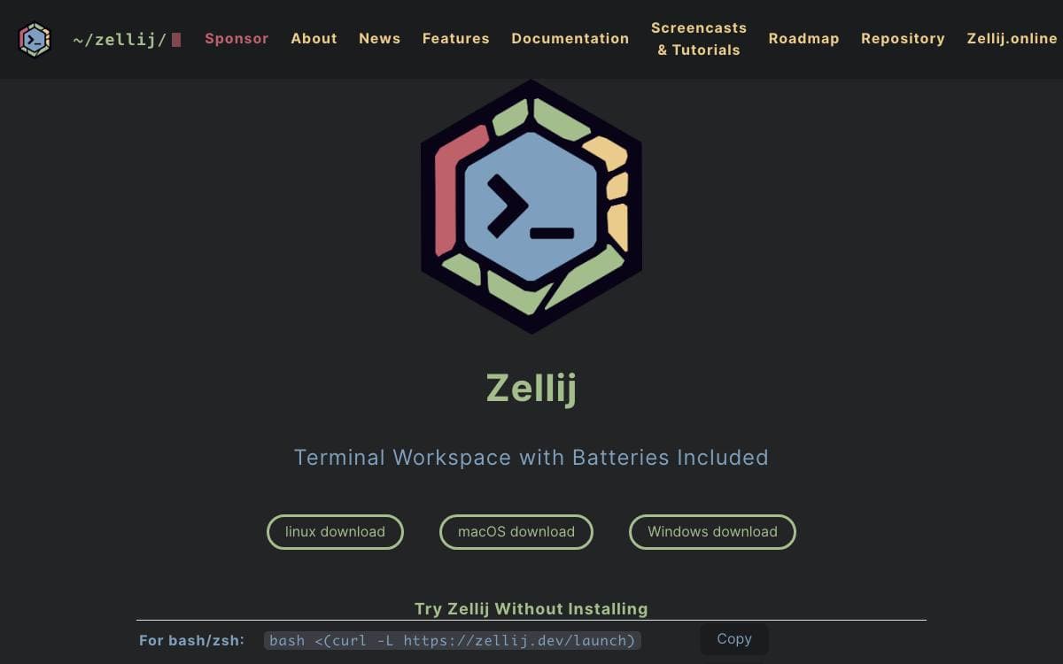 Screenshot of Zellij website